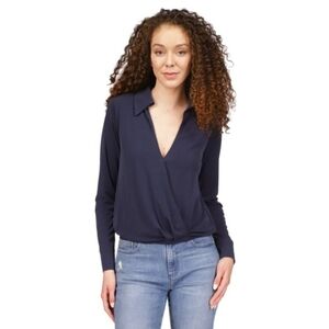 Michael Michael Kors Women's Solid Collared Faux-Wrap Top Navy Size L